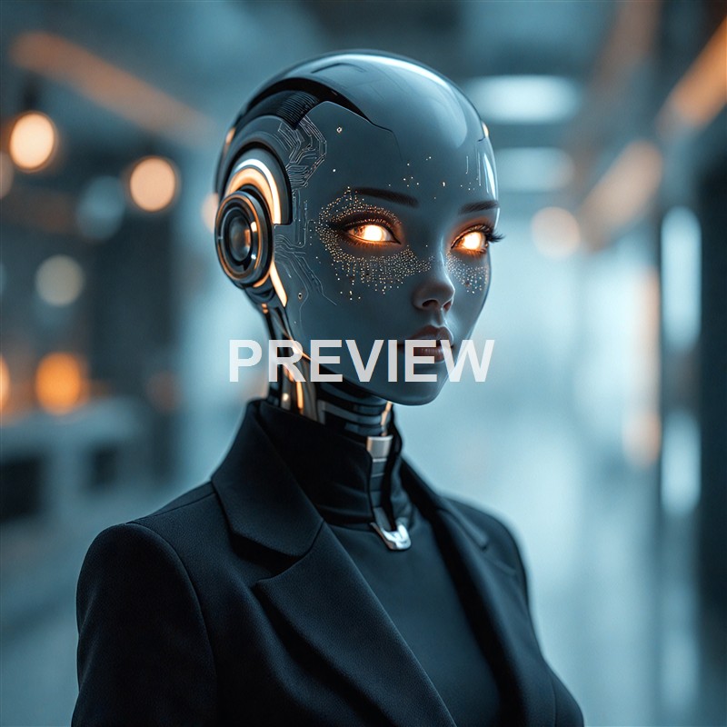 A futuristic female android with glowing eyes, metallic skin, and a sleek black suit, standing in a high-tech environment.
